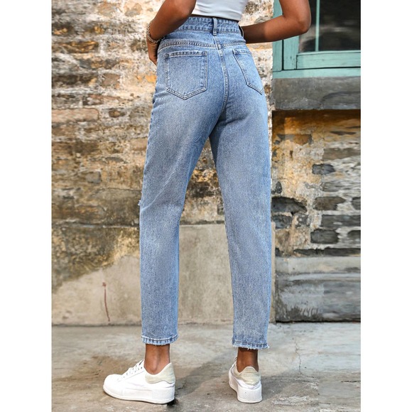 Ripped Frayed Hem Mom Jeans distressed denim straight leg high waisted light - Picture 2 of 7